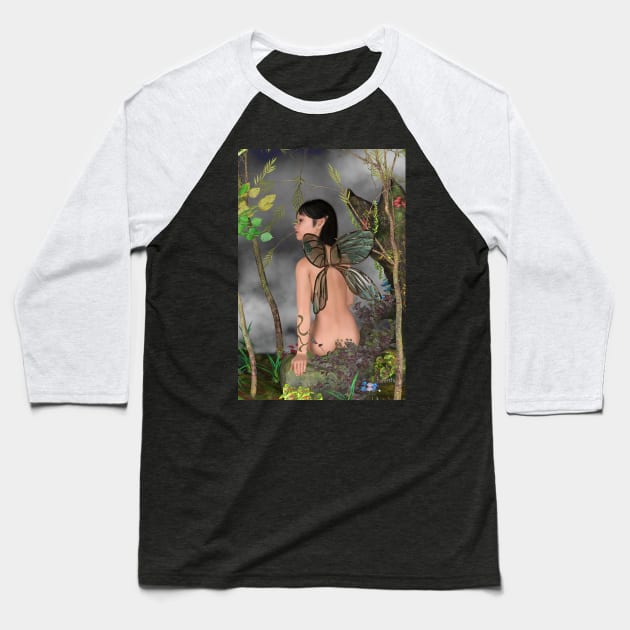 Fairy sitting on a rock in the woods Baseball T-Shirt by Fantasyart123